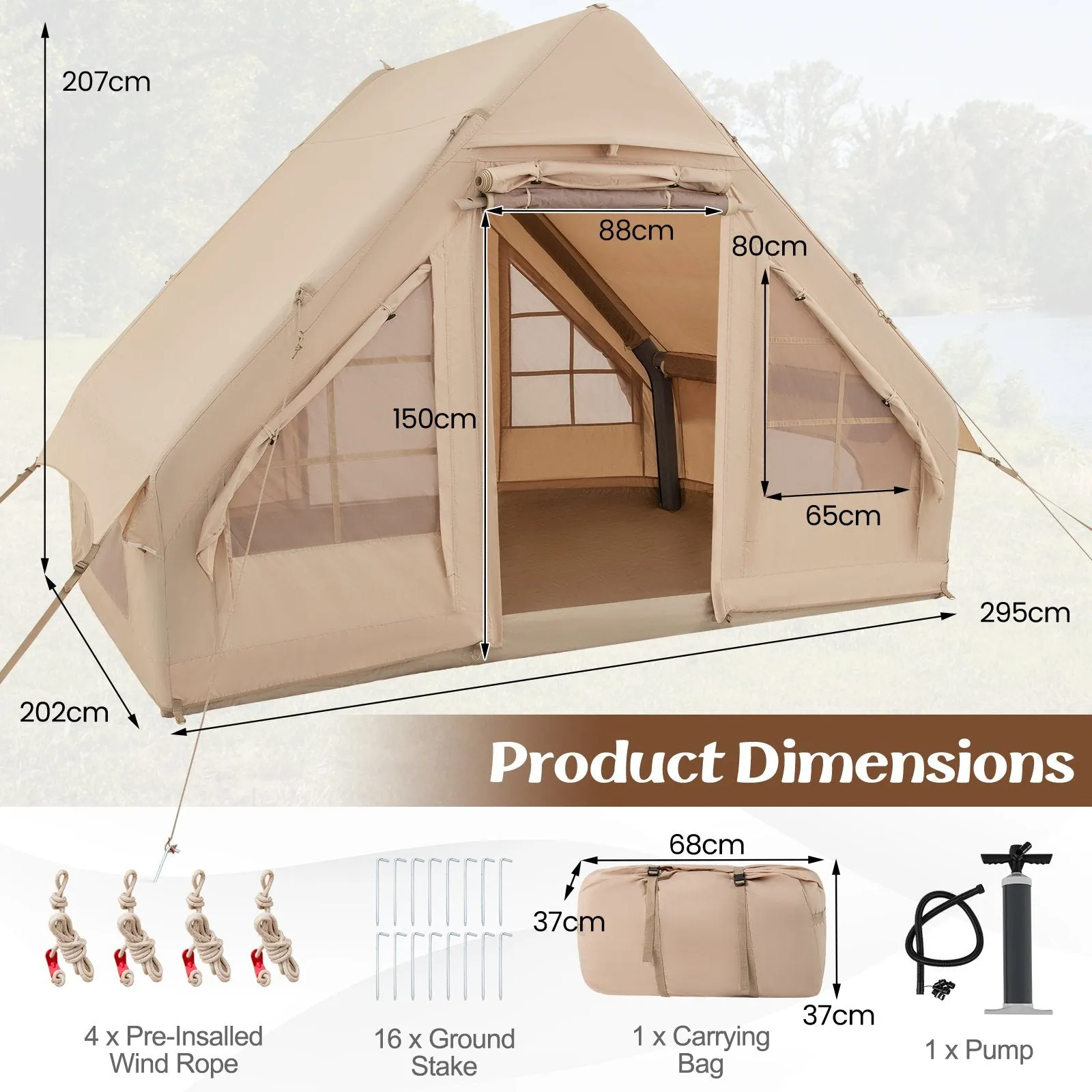 4-6 People Inflatable Camping Tent for Family Camping-Beige