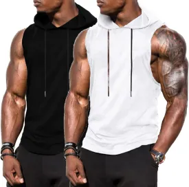 Babioboa Men's Workout Hooded Tank Top 2 Pack Sports Training Sleeveless Gym Hoodie Bodybuilding Cut Off Muscle Shirts