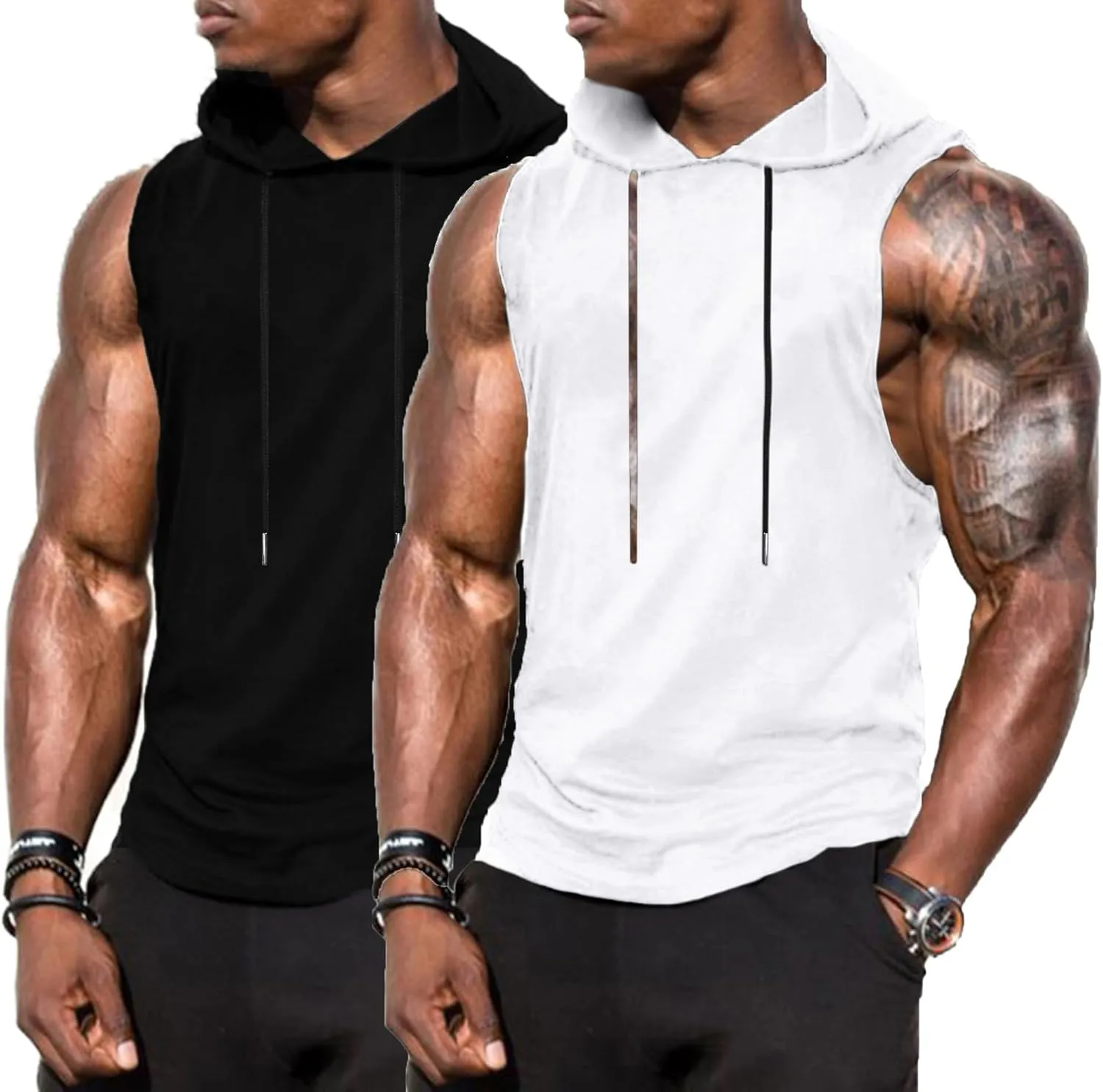 Babioboa Men's Workout Hooded Tank Top 2 Pack Sports Training Sleeveless Gym Hoodie Bodybuilding Cut Off Muscle Shirts