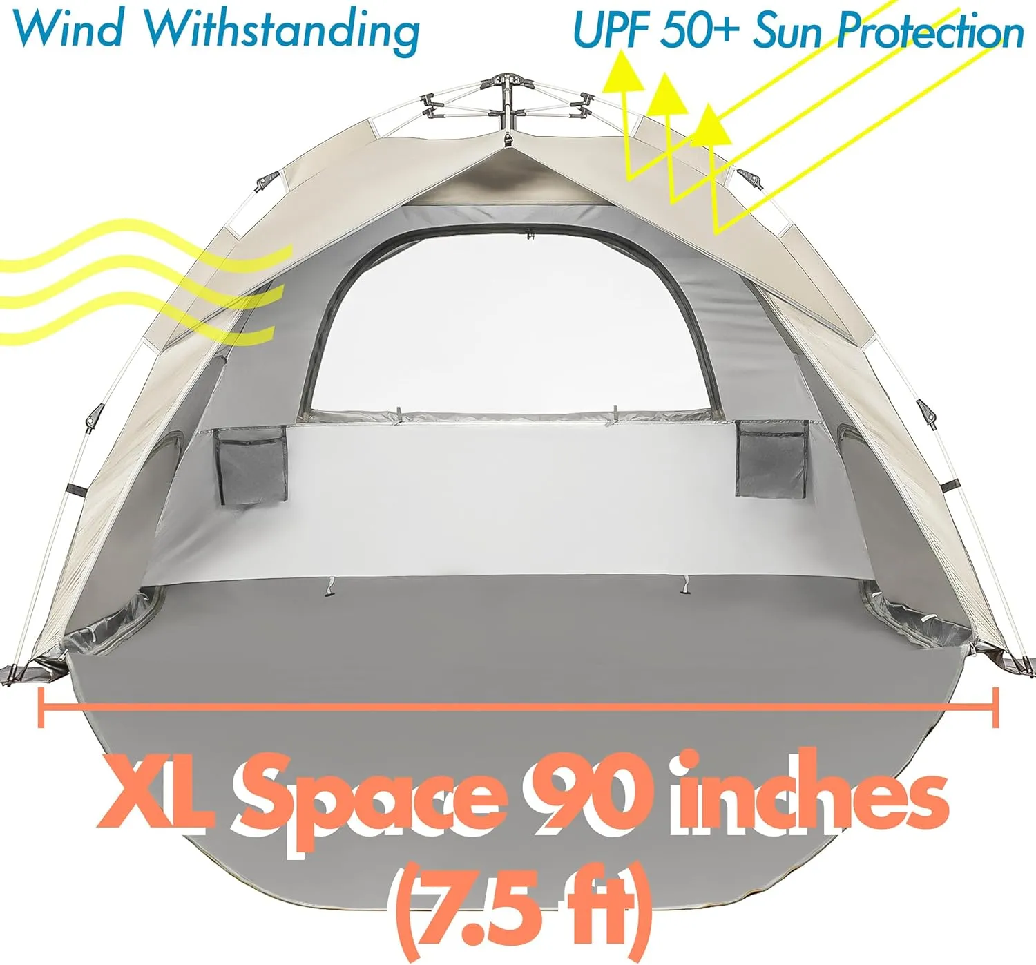 Beach Sun Shade Pop Up, Easy Pop Up Sun Shelter, Removable Floor Instant Beach Tent, UPF 50 , Size XL for Family 3 to 4 Person