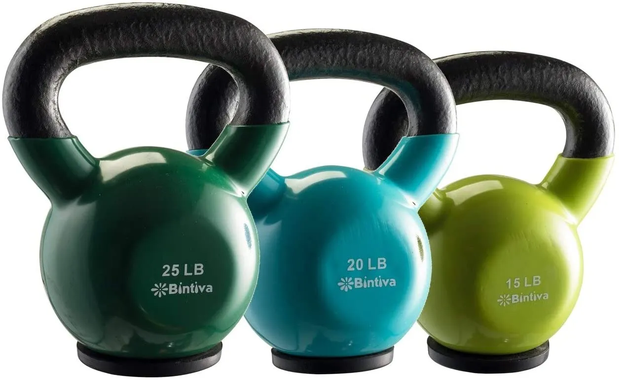 bintiva Kettlebells - Professional Grade, Vinyl Coated, Solid Cast Iron Weights with a Special Protective Bottom