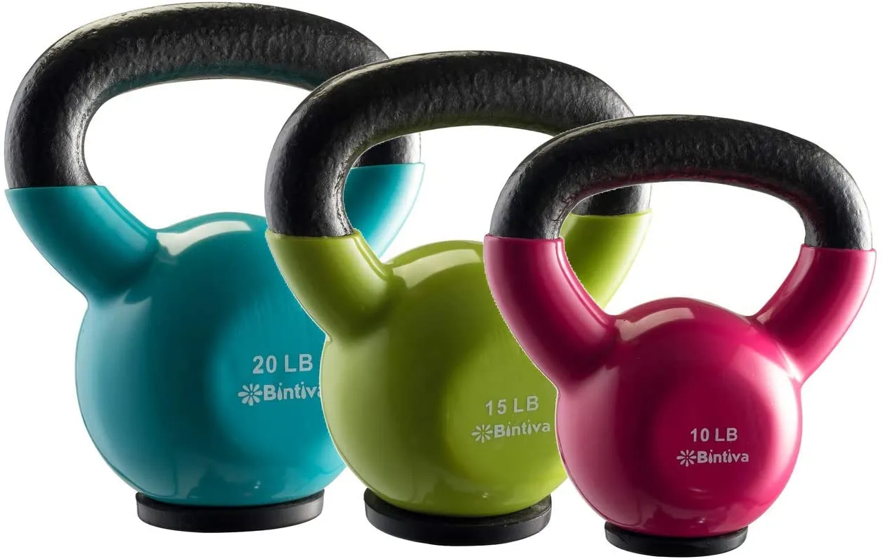 bintiva Kettlebells - Professional Grade, Vinyl Coated, Solid Cast Iron Weights with a Special Protective Bottom