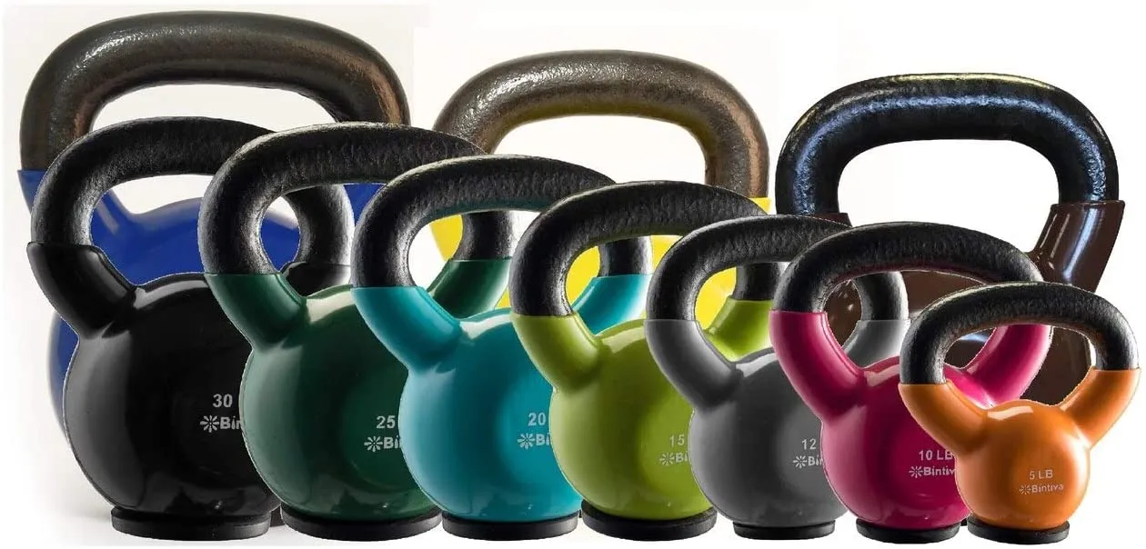 bintiva Kettlebells - Professional Grade, Vinyl Coated, Solid Cast Iron Weights with a Special Protective Bottom