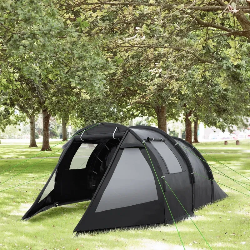 Black 3-4 Person Tunnel Camping Tent with Windows and Covers