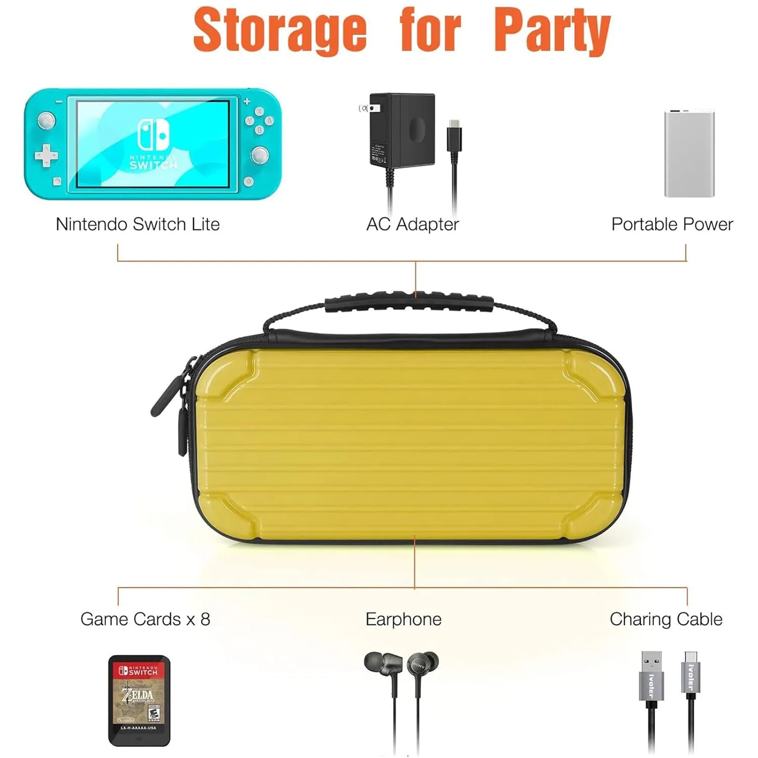CALLCASE Carrying Case for Switch Lite with Glass Screen Protector, Portable Hard Shell Travel Case Storage Bag for Switch Lite Console and Accessories holds 10 Game Cartridges - Yellow