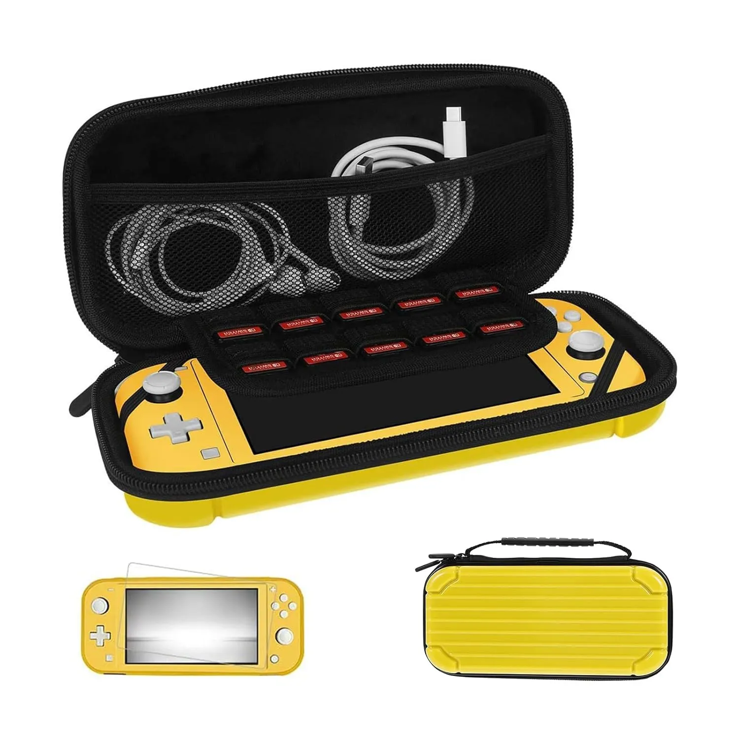 CALLCASE Carrying Case for Switch Lite with Glass Screen Protector, Portable Hard Shell Travel Case Storage Bag for Switch Lite Console and Accessories holds 10 Game Cartridges - Yellow