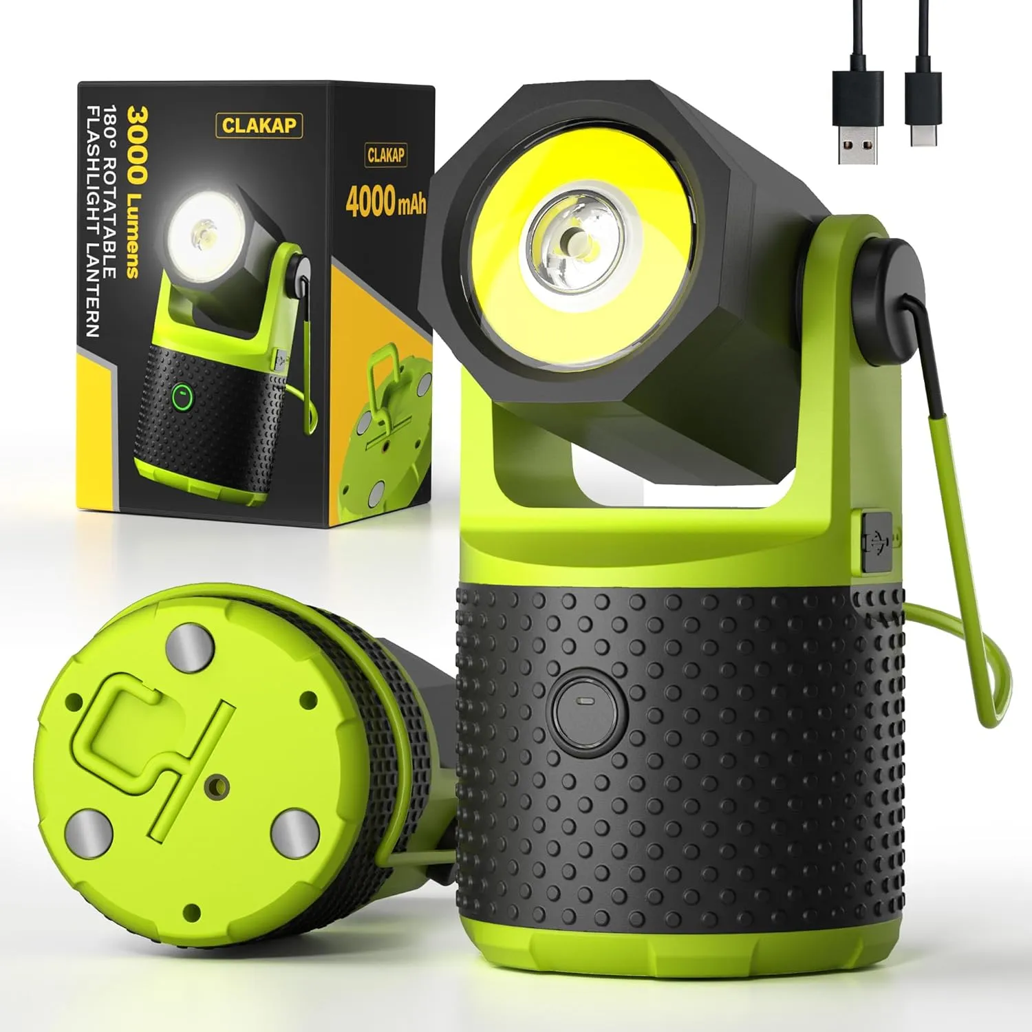 CLAKAP LED Camping Lantern, 3000Lumens Rechargeable 180Rotatable Flashlight Lantern, Portable Camping Light with 4000mAh Phone Charger, IPX4 Waterproof Emergency Light for Power Outages Hurricane