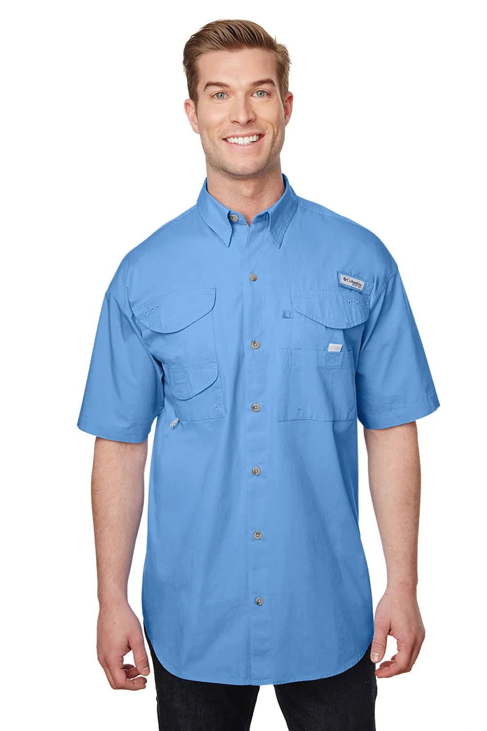 Columbia Mens Bonehead Short Sleeve Button Down Shirt w/ Double Pockets - White Cap Blue - Closeout