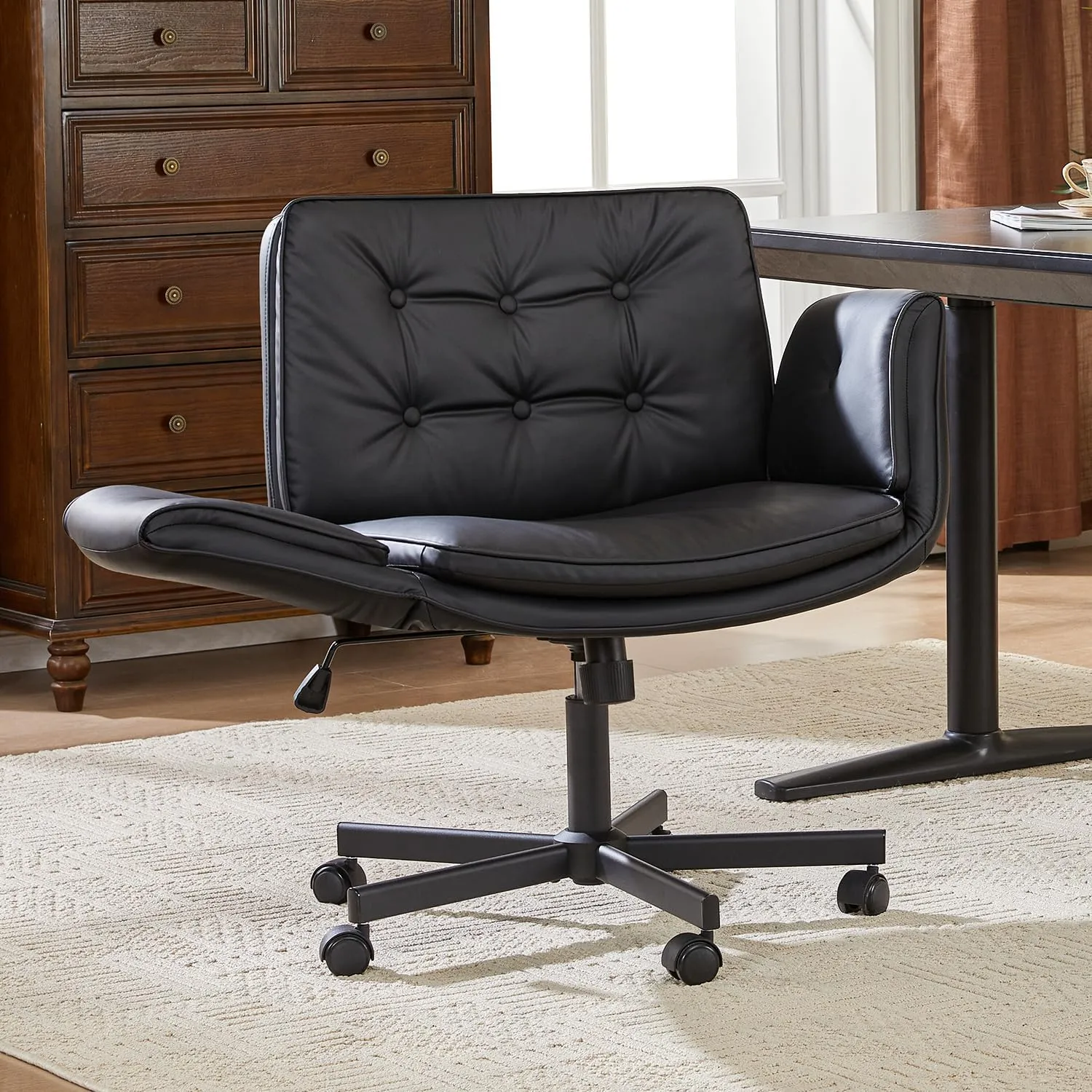 Criss Cross Chair with Armrests & Wheels, PU Leather Vanity Chair, Comfortable Adjustable Swivel Computer Office Desk Chairs for Home, Make Up, Bed Room (Black)