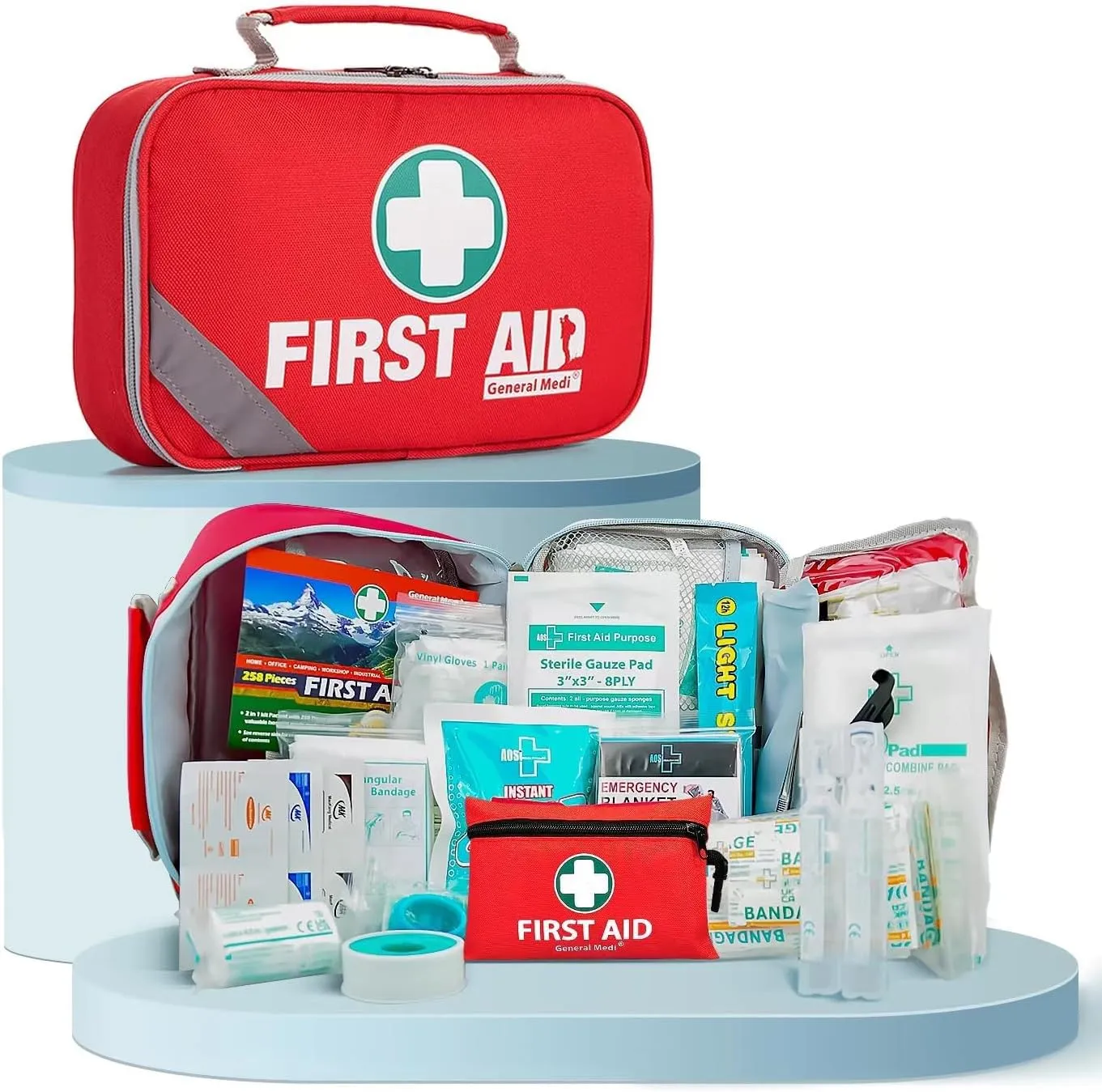 General Medi 2-in-1 First Aid Kit (215 Piece Set)   43 Piece Mini First Aid Kit -Includes Ice(Cold) Pack, Moleskin Pad and Emergency Blanket for Travel, Home, Office, Car, Workplace