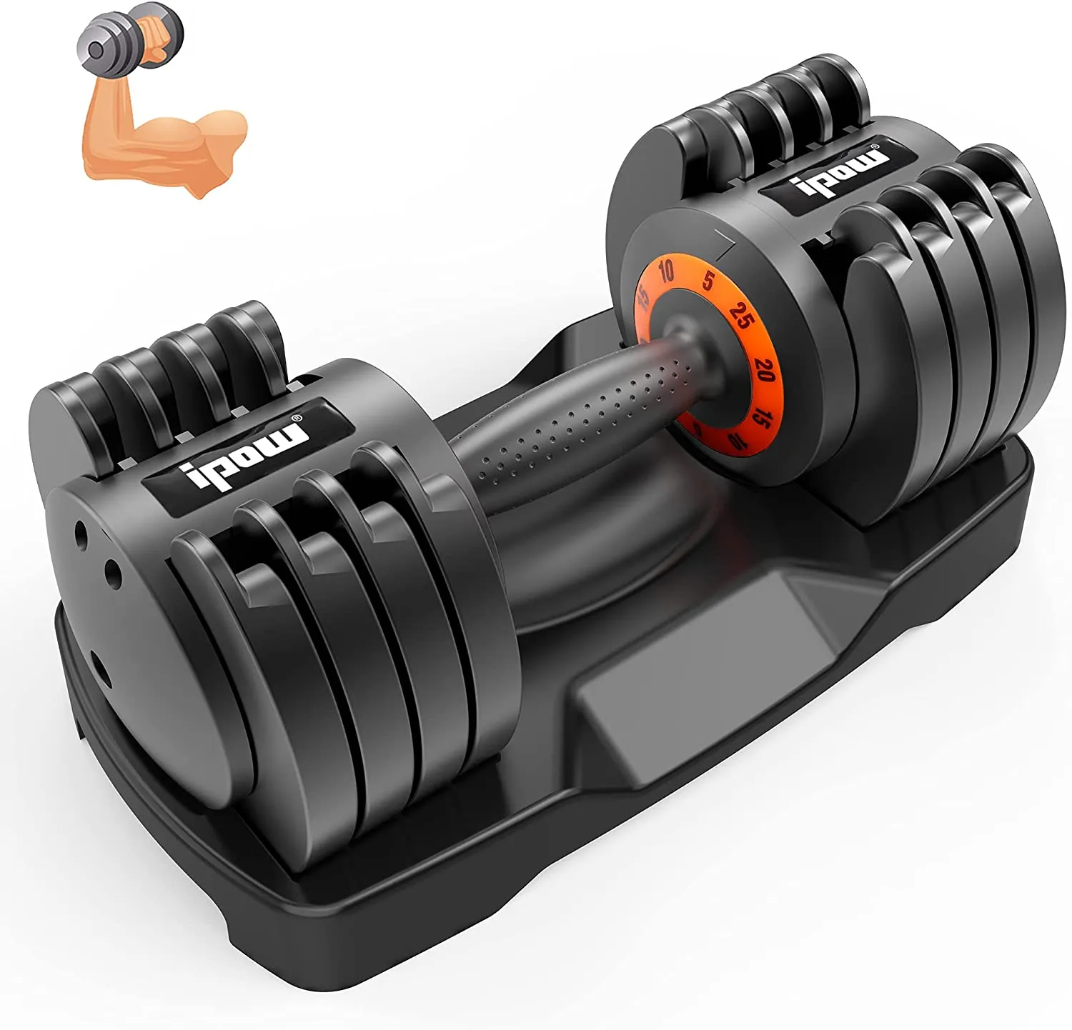 IPOW Adjustable Dumbbell 5-25/6.6-44 LB Single Black Dumbbell Set with Tray for Men Women|Anti-Slip Silicone Covered Metal Handle|Extra Safe Lock System|Home Gym