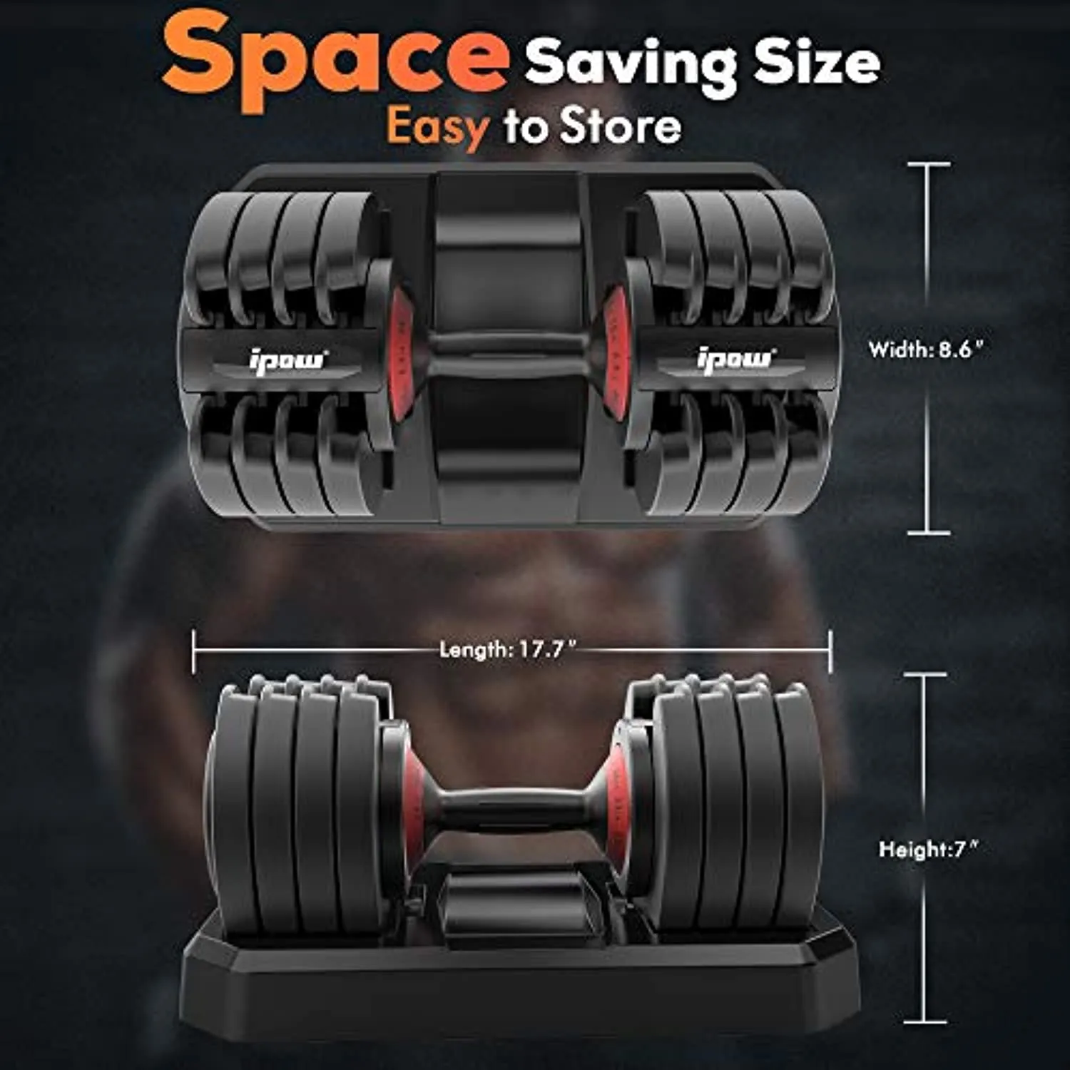 IPOW Adjustable Dumbbell 5-25/6.6-44 LB Single Black Dumbbell Set with Tray for Men Women|Anti-Slip Silicone Covered Metal Handle|Extra Safe Lock System|Home Gym