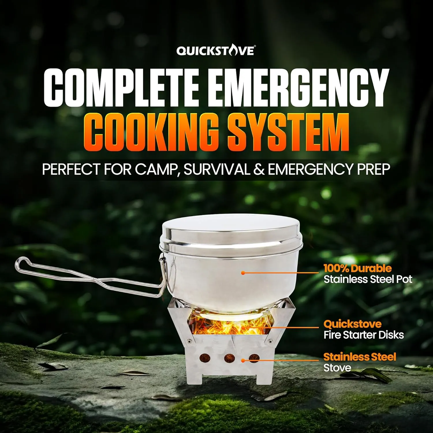 Portable Stove Kit with Camping Pot & 2 Fire Starters, Lightweight Stainless Steel Wood Burning Stove for Emergency Preparedness, Survival Supplies, Camping Gear & Outdoor Cooking
