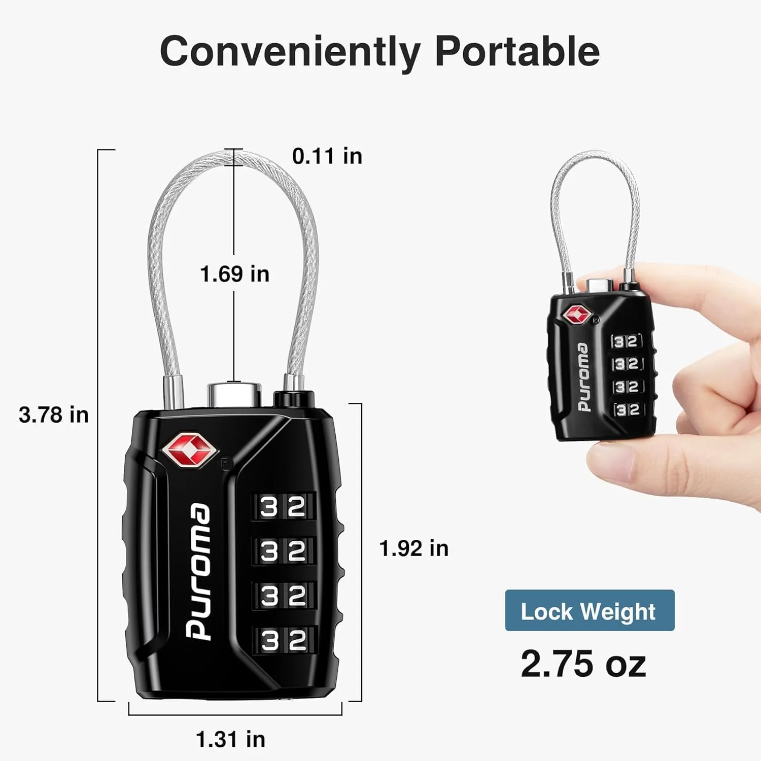 Puroma TSA Approved Luggage Locks, 4 Digit Combination Travel Locks Resettable Code Lock with Zinc Alloy Body for Suitcase, Toolbox, Backpack, Bag, Gym Locker (Black)