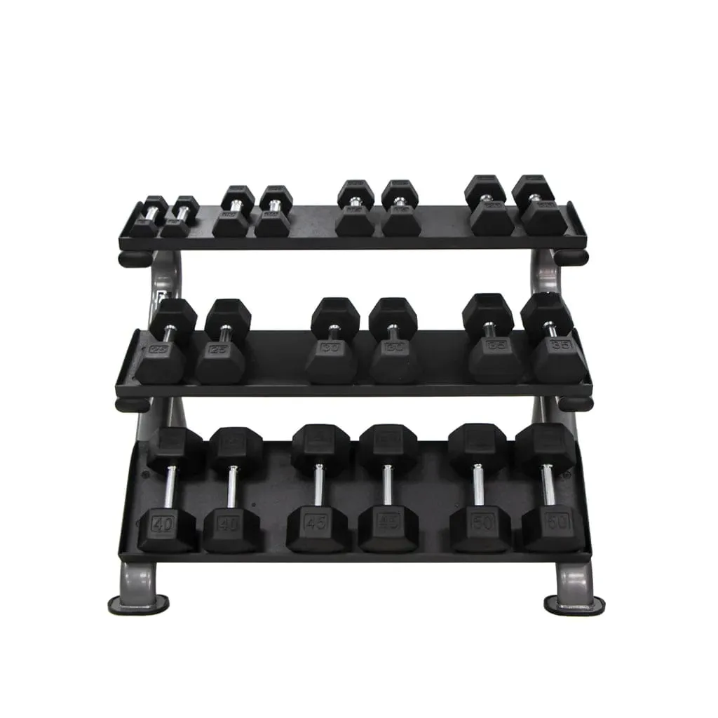 TKO Rubber Hex Dumbbell Set with 3-Tier Horizontal Rack - S890-SXRE15